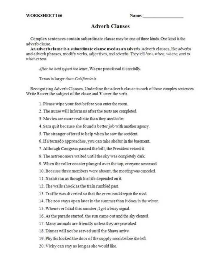 Adverbial Clause Exercises with Answers PDF for Grammar Practice