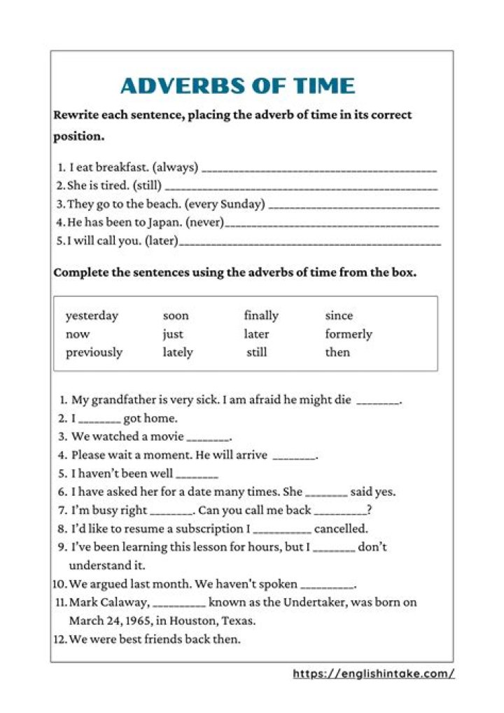Adverbs of Time Worksheet PDF: Free Downloadable Practice Activities
