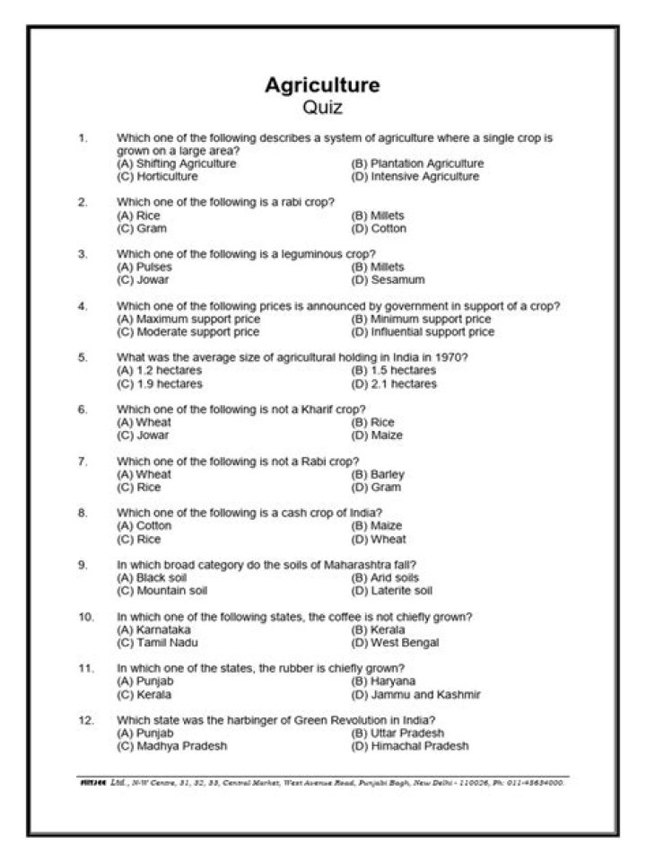 Agriculture Quiz Questions and Answers PDF – Download Now