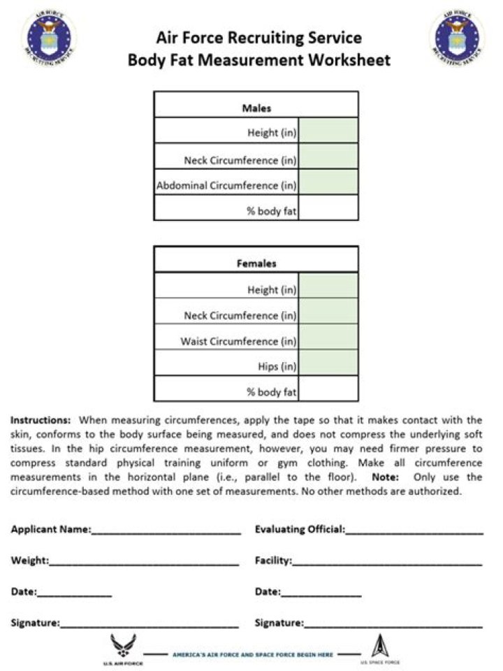 Air Force Recruiting Service Body Fat Assessment Worksheet PDF for Candidates
