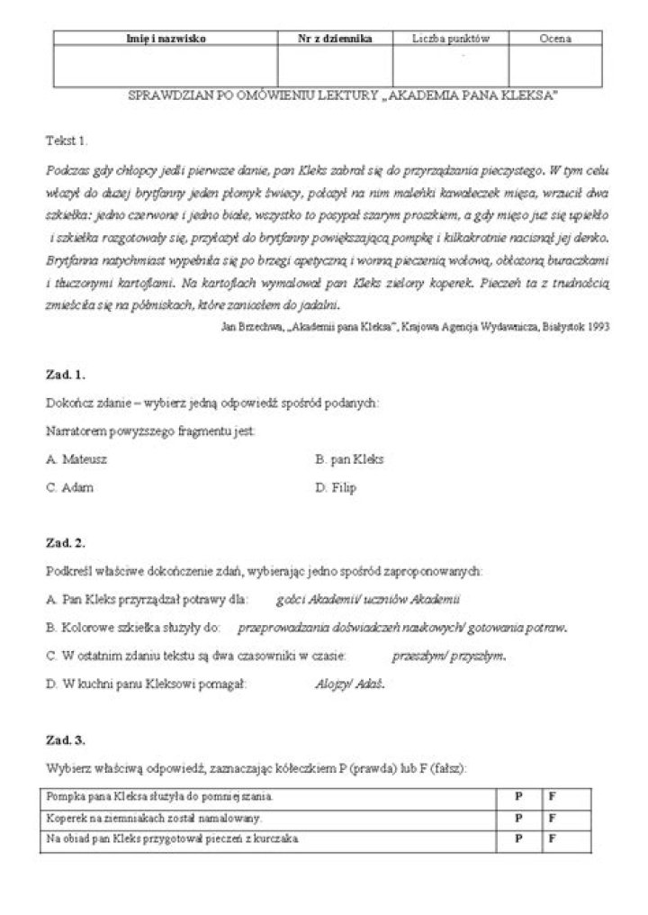 Akademia Pana Kleksa: Test Znajomości Lektury w PDF – Test Now
