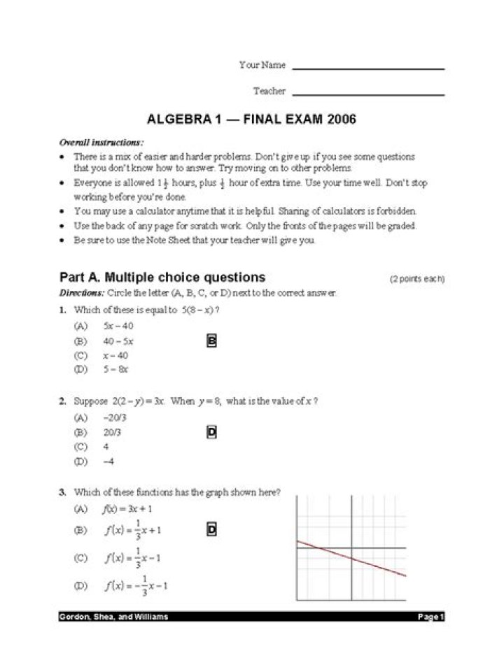 Algebra 1 Final Test 2015 Final Exam PDF Download