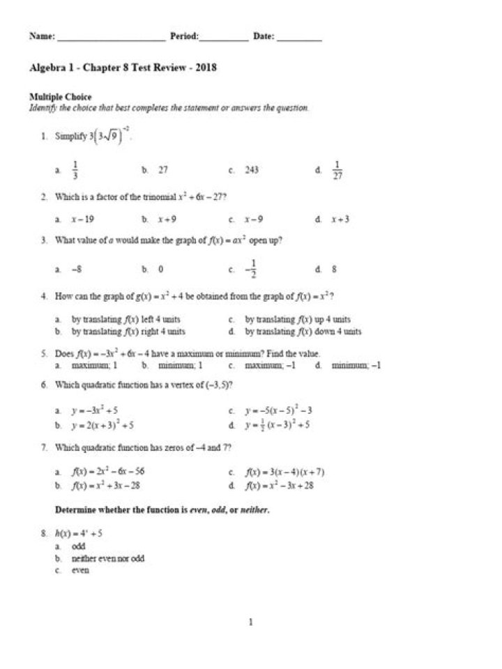 Algebra 1 Chapter 11 Tests PDF – Practice & Prep