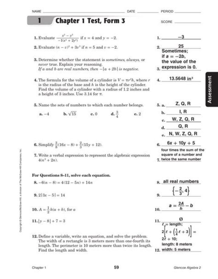 Algebra 1 Chapter 3 Test PDF Answer Key with Solutions