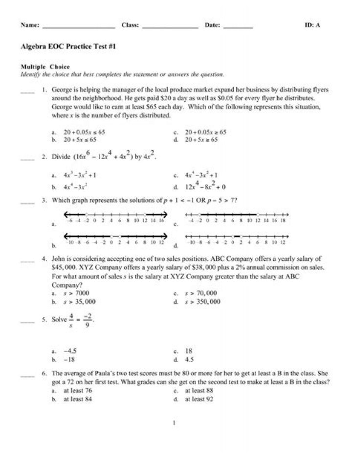 Algebra 1 EOC Practice Test PDF with Answers: Full Study Guide