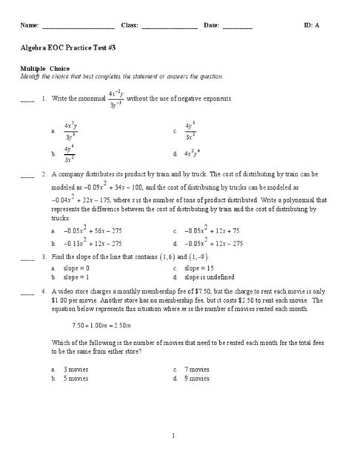 Algebra 1 EOC Practice Test PDF – Free Download