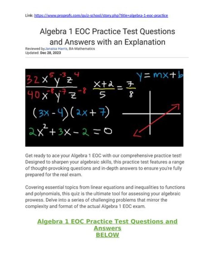 Algebra 1 EOC Test PDF – Practice Exam & Answers