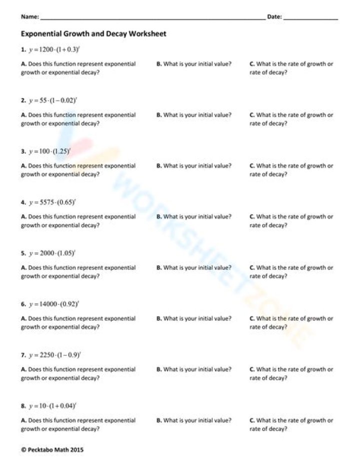 Algebra 1: Exponential Growth and Decay Worksheet PDF for Practice