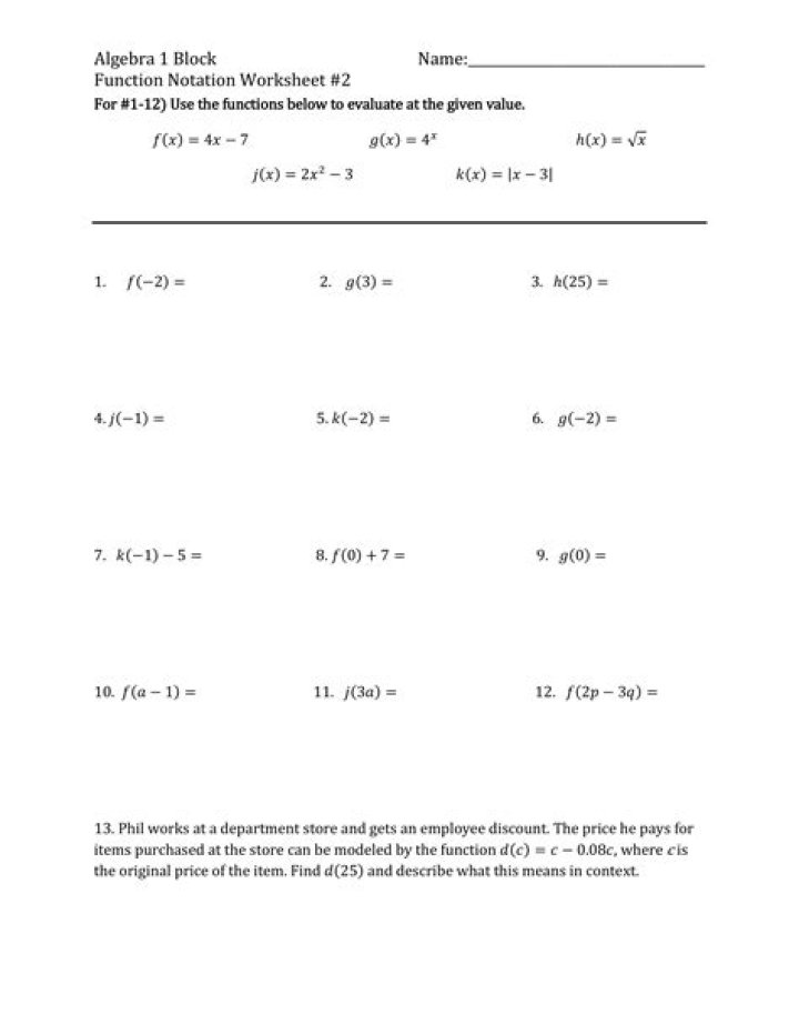 Algebra 1 Function Notation Worksheet PDF – Instant Practice & PDF Download