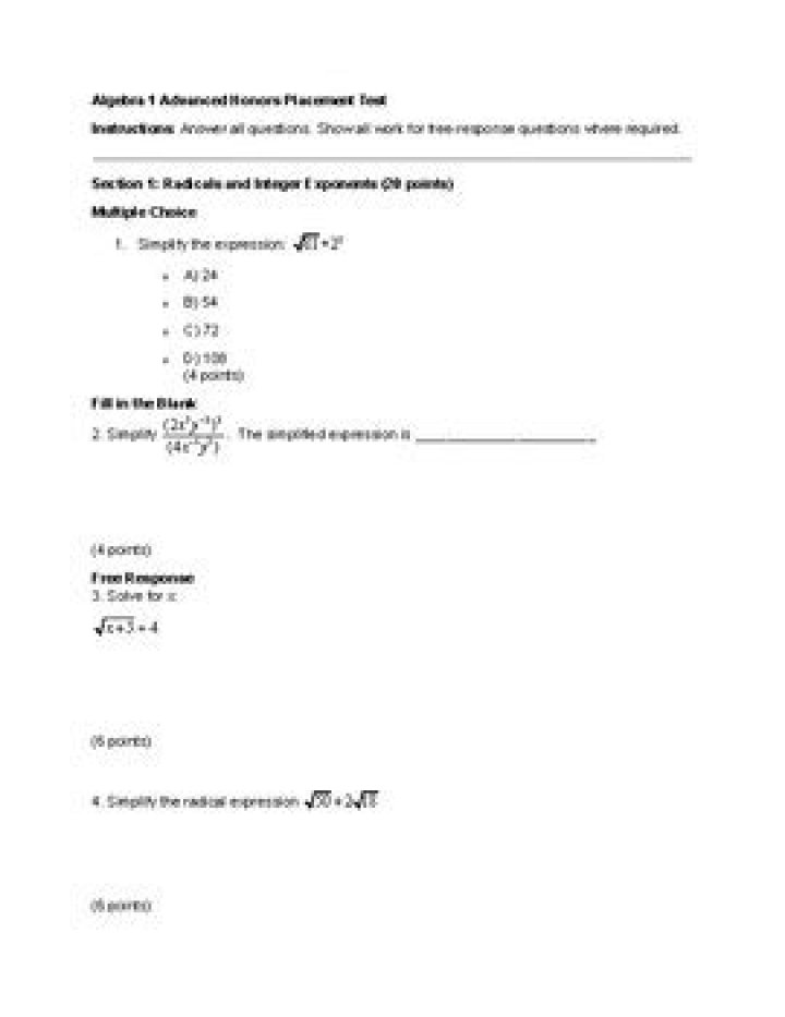 Algebra 1 Placement Test for Middle School – Free PDF Practice PDF