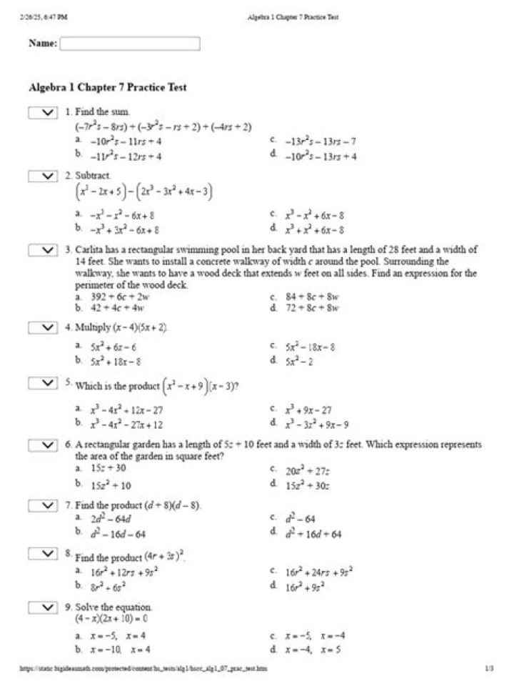 Algebra 1 Chapter 10 Practice Test PDF – Free Study Resource