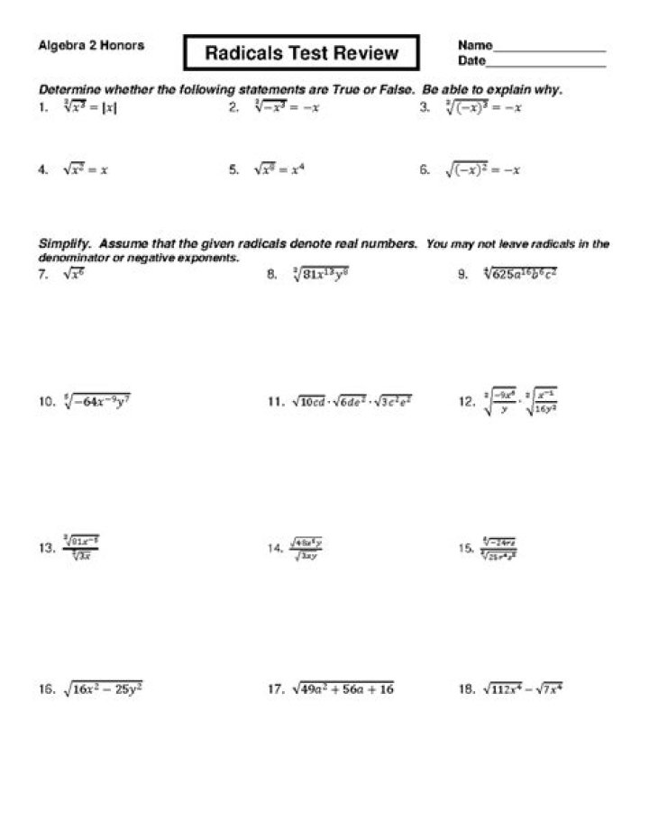 Algebra 1 Radicals Test PDF: Practice Problems & Answer Key