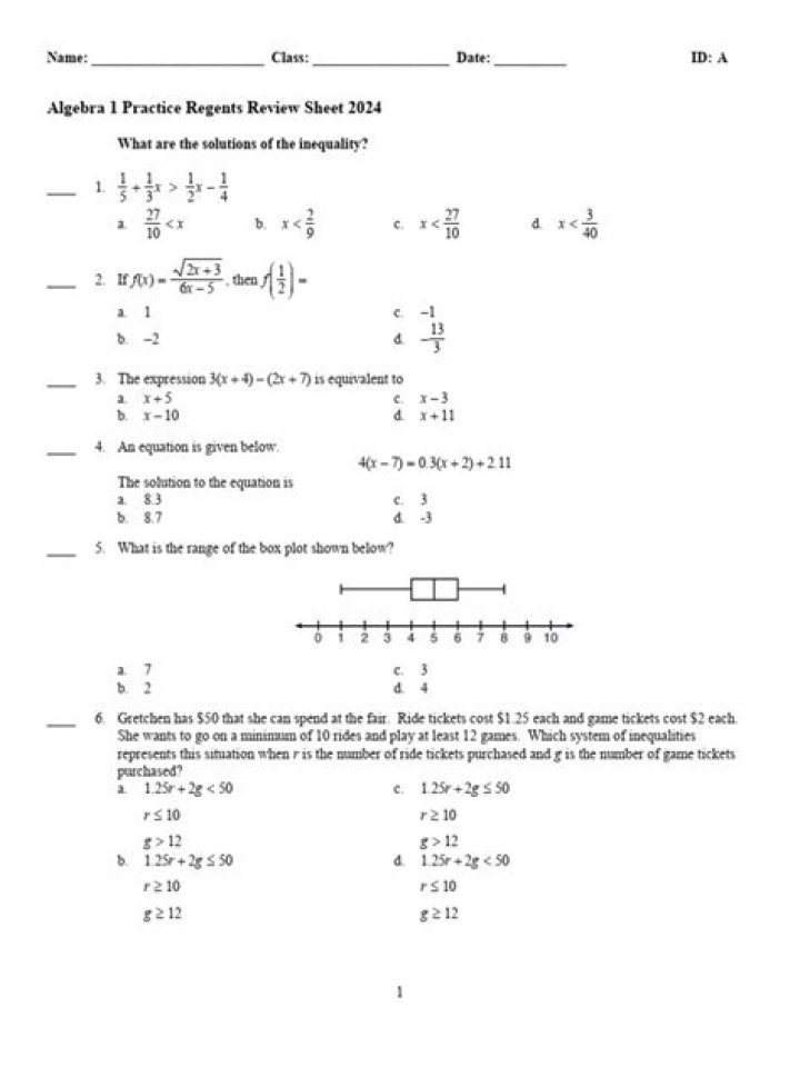 Algebra 1 Regents 2024 Answer Key PDF – Full Solution Guide
