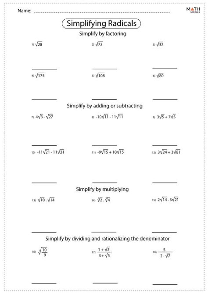 Algebra 1 Simplifying Radicals Worksheet PDF – Instant Practice & Solutions