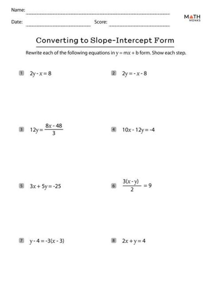 Algebra 1 Slope-Intercept Form Worksheet Answer Key PDF with Answers