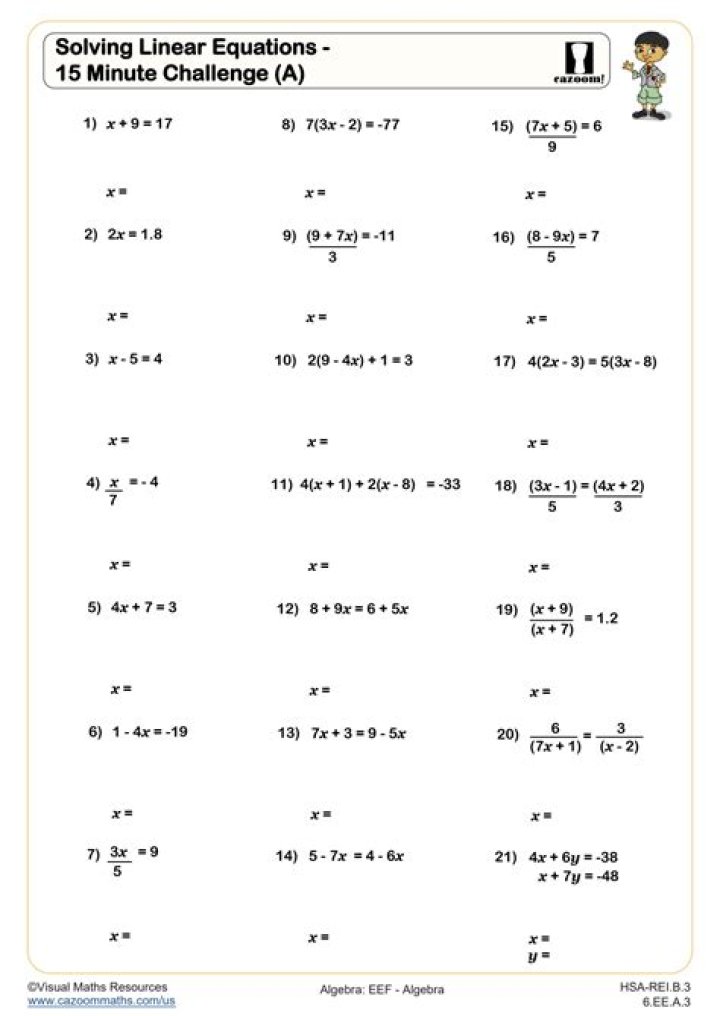 Algebra 1 Linear Equations Test: Solve Linear Equations Practice PDF