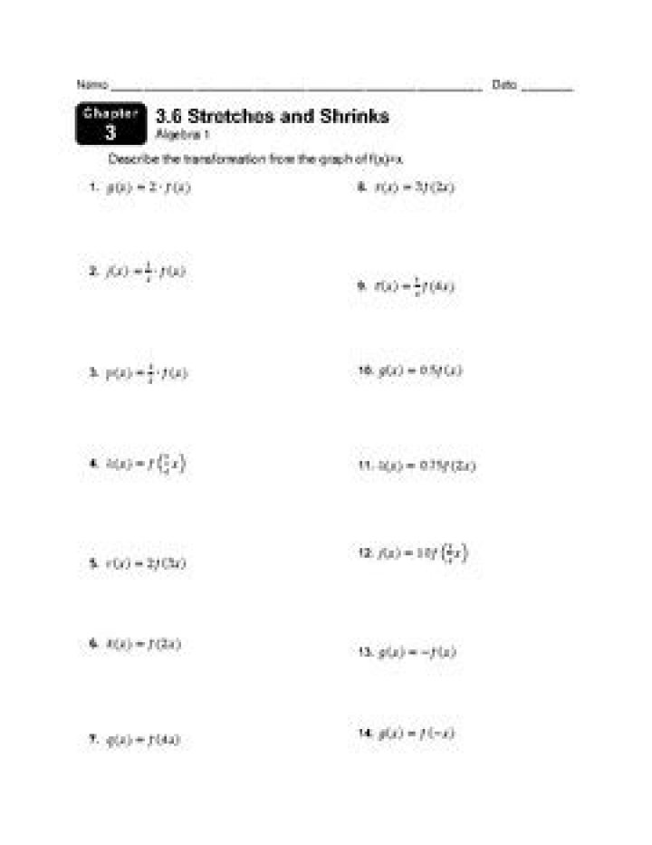 Free Algebra 1 Transformations Worksheet PDF for Practice