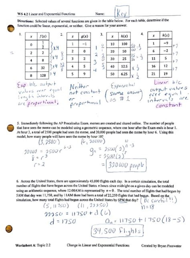 Algebra 1 Unit 2: Linear & Exponential Relationships Test PDF