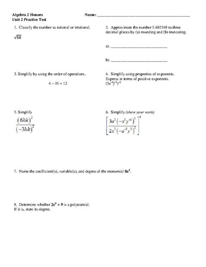 Algebra 1 Unit 2 Test PDF: Practice & Prep
