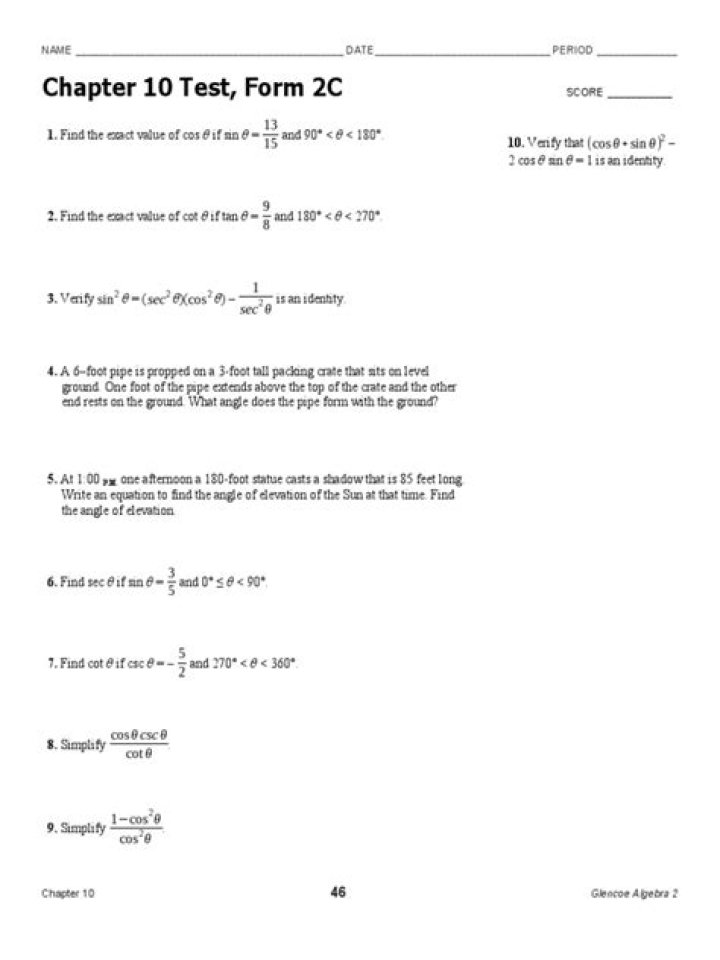 Algebra 2 Chapter 10 Test PDF – Practice & Review