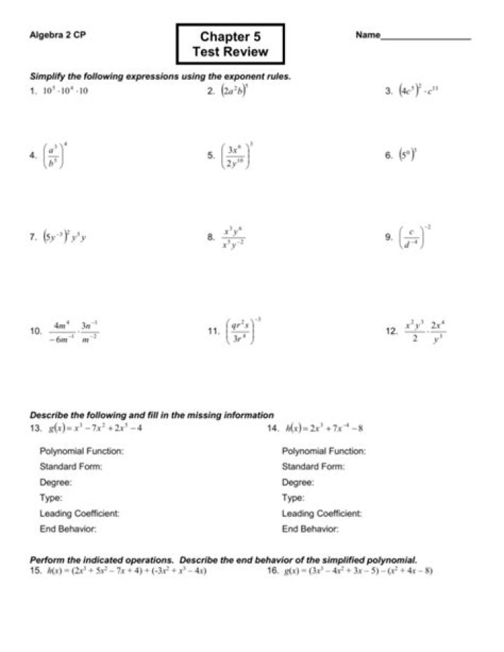 Algebra 2 Chapter 5 Test PDF – Practice & Answer Key