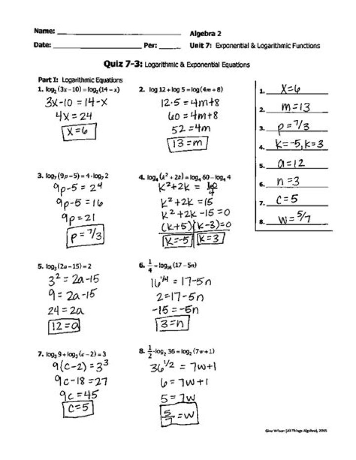 Algebra 2 Chapter 7: Exponential and Logarithmic Functions Test PDF