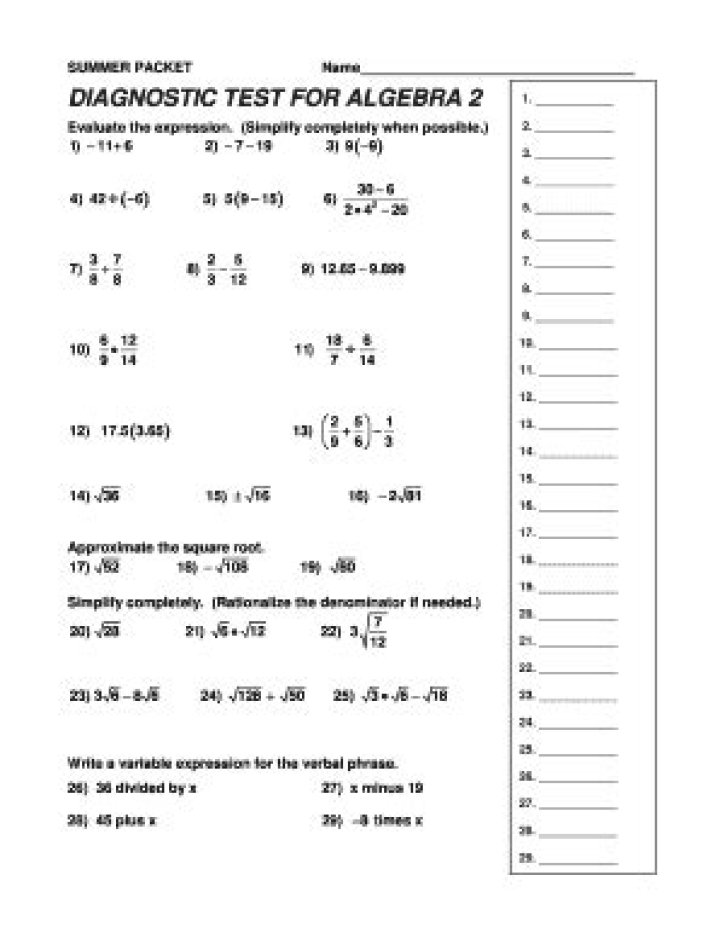 Algebra 2 Diagnostic Test PDF – Instant Results & Skill Assessment