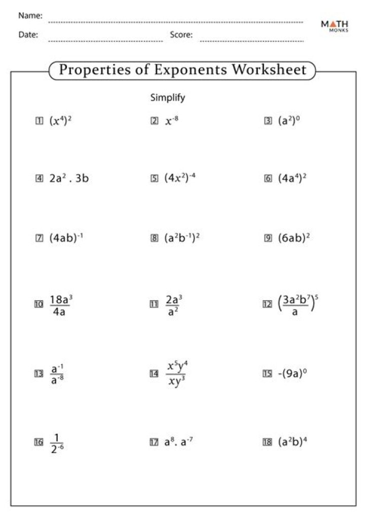 Free Algebra 2 Exponents Worksheet PDF for Students