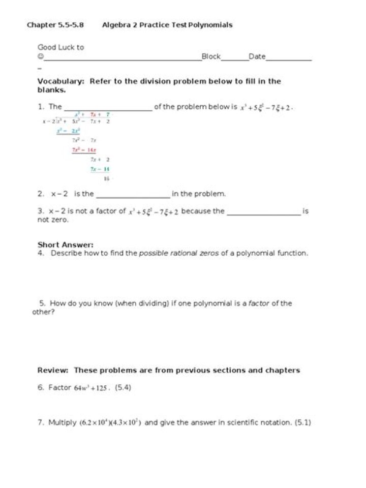 Algebra 2 Polynomials Test PDF: Practice & Solutions