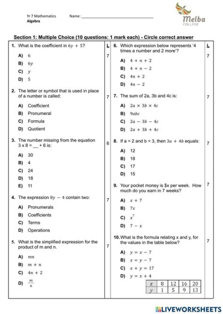 Algebra Chapter 7 Test PDF: Practice Problems & Answers