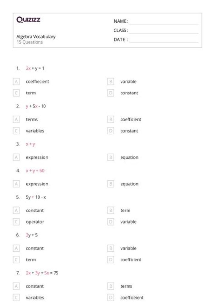 Algebra Vocabulary Test PDF – Instant Download