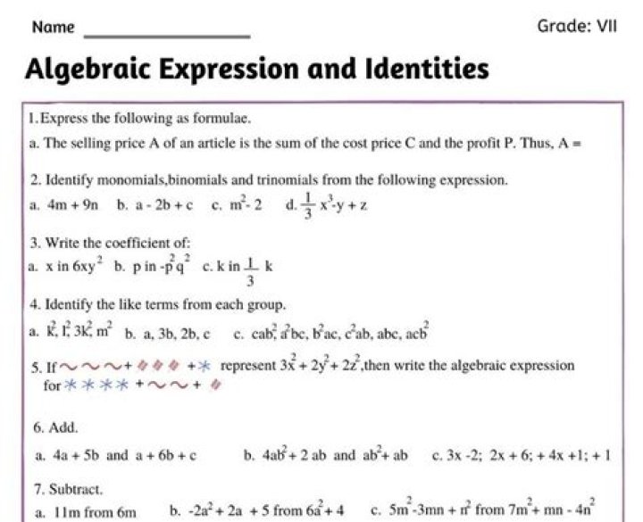 Algebraic Expressions Class 7: Practice Questions & Answers PDF