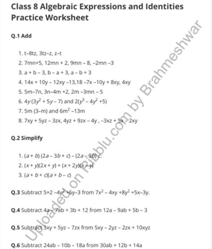 Algebraic Expressions Class 8 Worksheets PDF – Instant Download