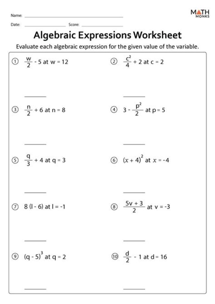 Algebraic Expressions Grade 7 Worksheets with Answers PDF – Free Practice PDF