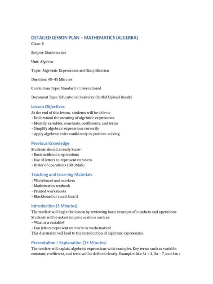 Algebraic Expressions Lesson Plan PDF: Step-by-Step Teaching Guide