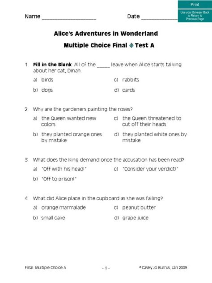 Alice in Wonderland Test PDF: Fun Quiz & Free Download