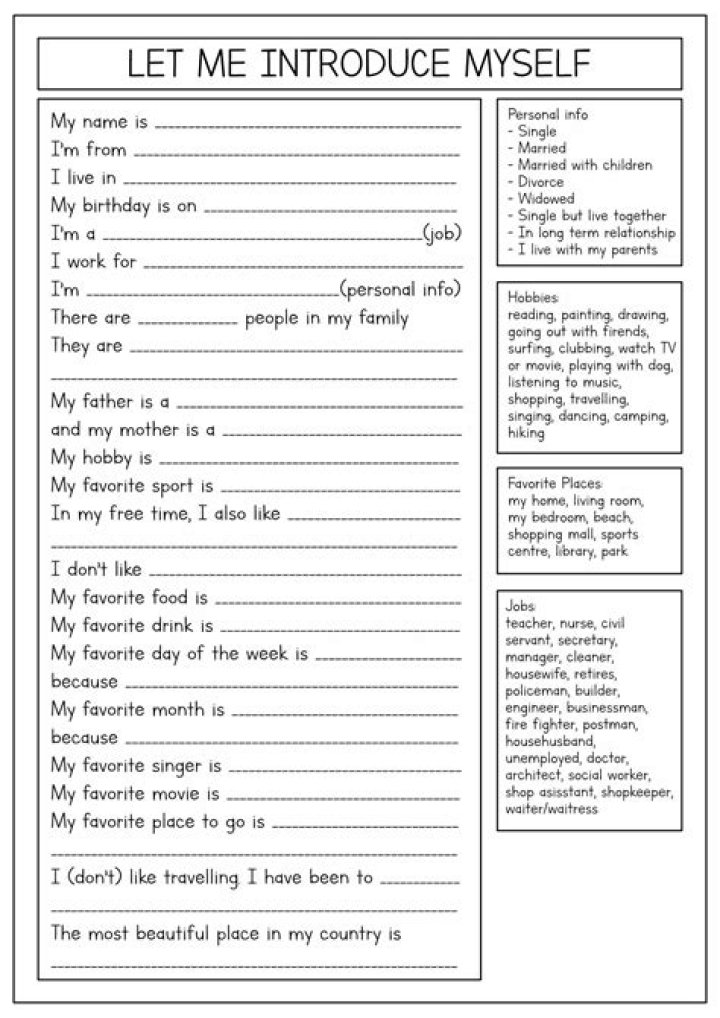 All About Me Worksheet PDF Free Download for Adults