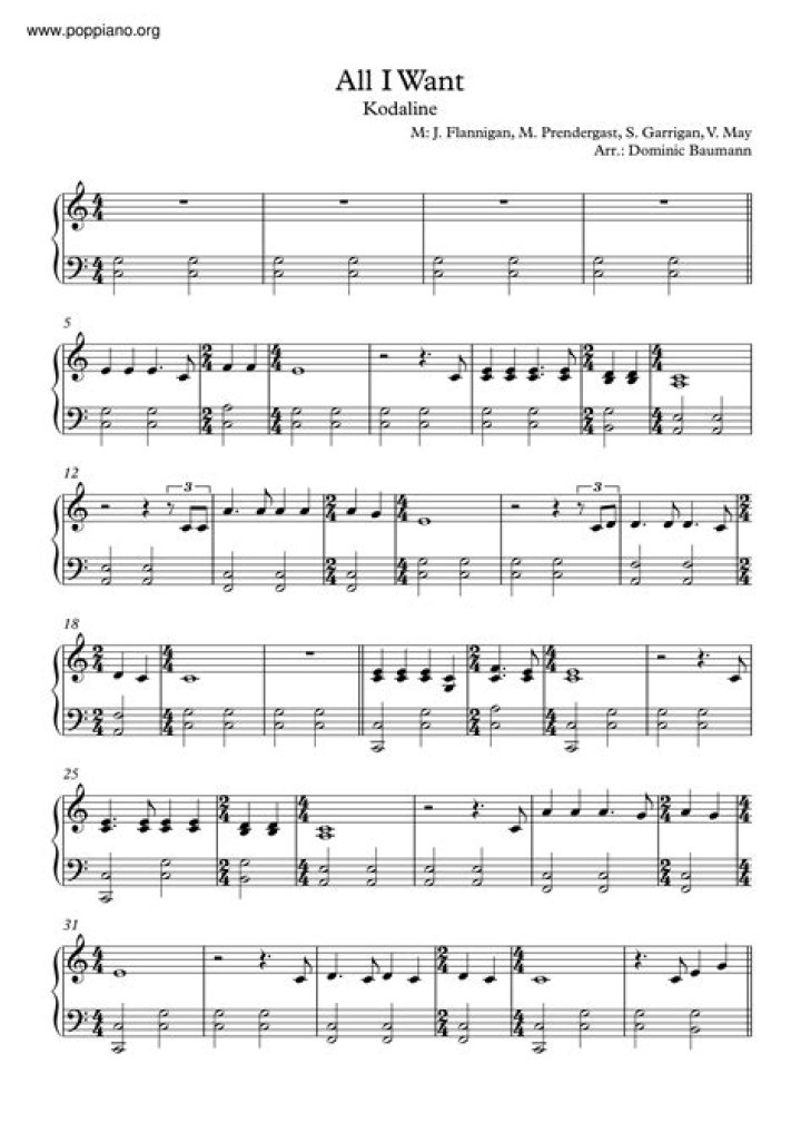 Free Kodaline Piano Sheet Music PDF – All I Want Free Download