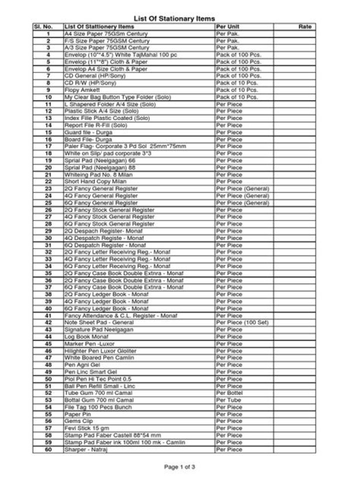 Complete All Stationery Items List PDF – Download Now