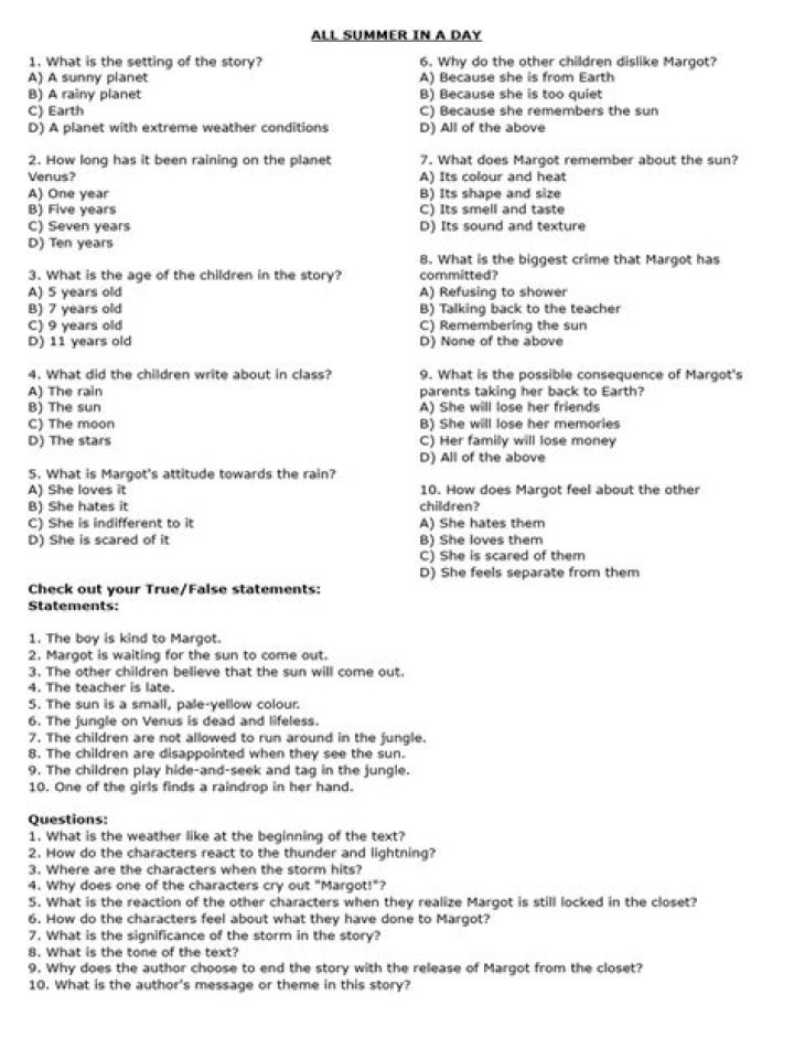 All Summer in a Day Lesson Plan PDF for Classroom Use