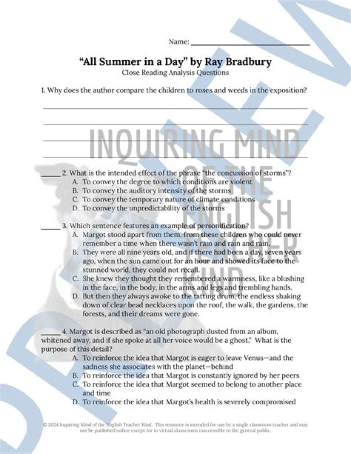 All Summer in a Day Test PDF Answers – Full Exam Guide