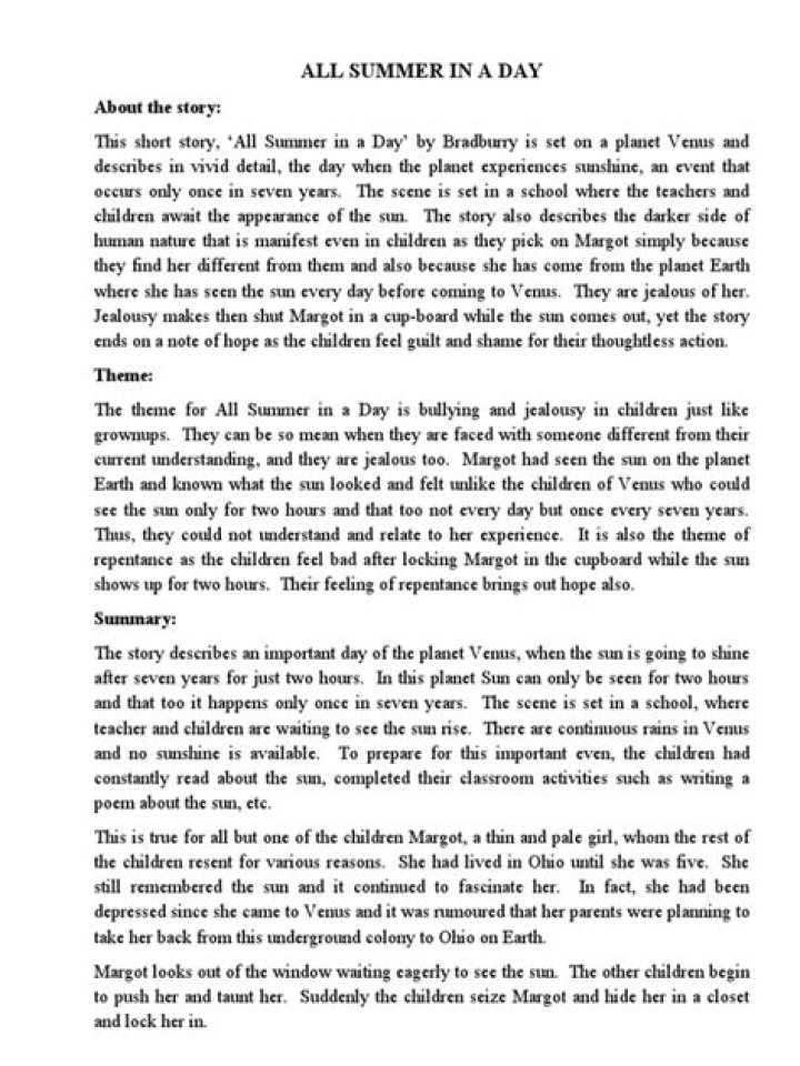 All Summer in a Day Test PDF Study Guide