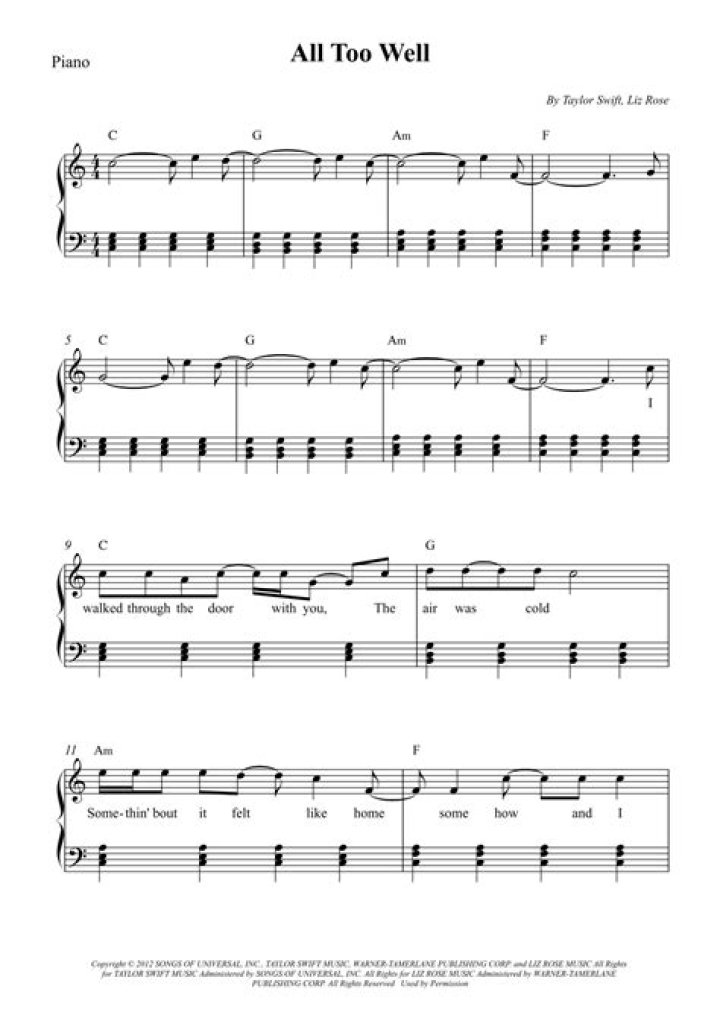All Too Well Piano Sheet Music PDF Free – Download Now