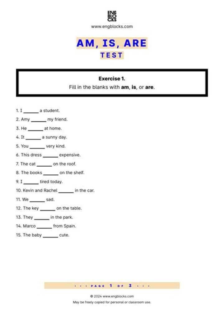 Am, Is, Are Tests PDF – Quick Grammar Practice & Free Worksheet