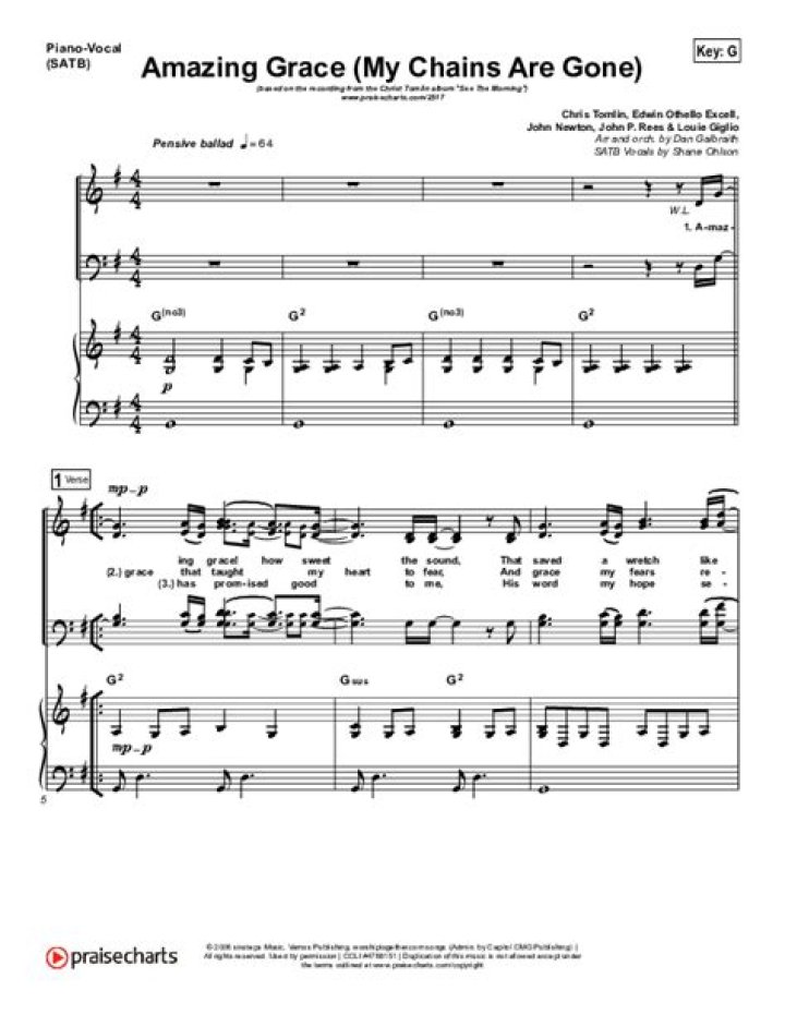 Free Sheet Music PDF: Amazing Grace Chains Are Gone