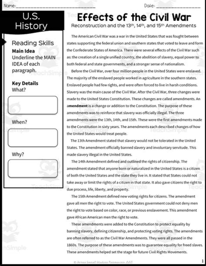 America’s Story of the Civil War: Comprehensive Worksheet PDF