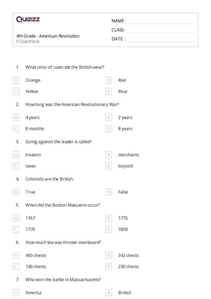 American Revolution 4th Grade Test PDF: Free Educational Quiz