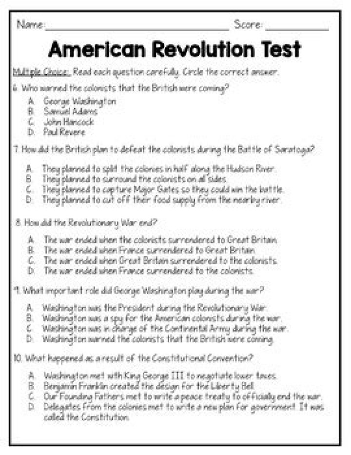 American Revolutionary War Test PDF: History Quiz & Exam Questions