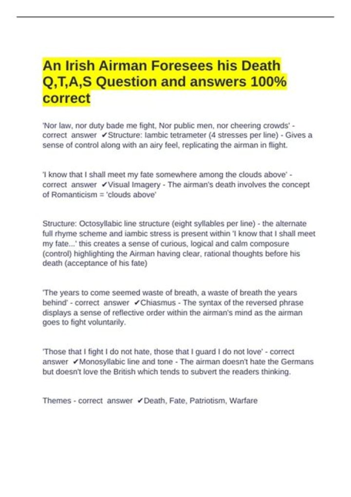 An Irish Airman Foresees His Death: Questions & Answers PDF