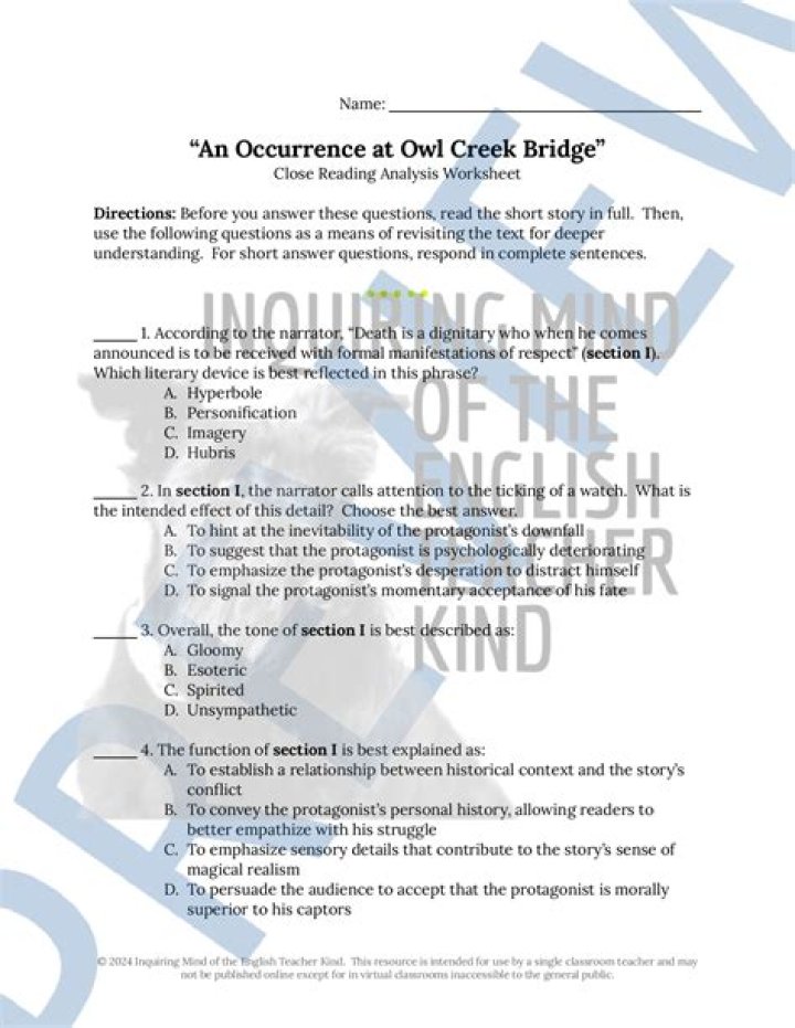 An Occurrence at Owl Creek Bridge: Questions & Analysis PDF
